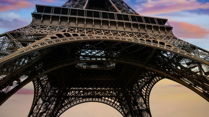 View of Famous at Paris city as wide shot in Paris  Eiffel Tower and sunset sky scene