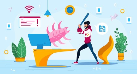 Computer Virus Threat Trendy Flat Vector Concept. Man, Male Computer User Fighting with Dangerous Malicious Software, Beating with Bat Dangerous Bug or Internet Worm Jump Up from Screen Illustration