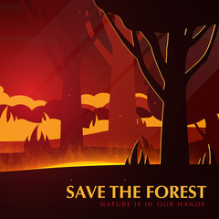 Forest Fires background. Save the Forest banner. Natural disaster. Vector Illustration.