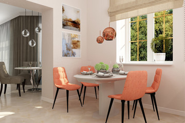 Dining room interior. 3d render. 	