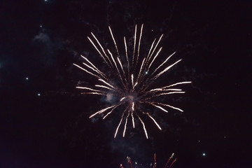 A flash of plain white fireworks. In the night sky