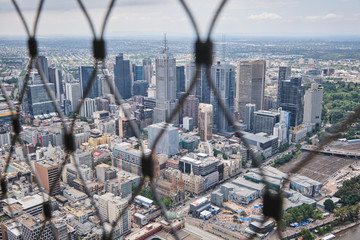 View over Melbourne CBD and skyline from outside viewing platform at skydeck, Melbourne