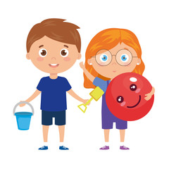 cute little children with school bag and toys vector illustration design
