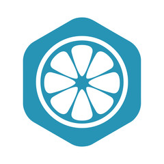 Citrus icon. White citrus icon on a blue hexagon. Cut in half the fruit in a simple flat style. Vector illustration for design and web.
