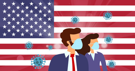 Abstract virus strain model Novel coronavirus 2019-nCoV with woman and man in suit with blue medical face mask on USA flag. Wuhan pneumonia outbreak on red background. Flu Pandemic Protection Concept