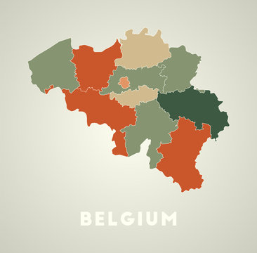 Belgium poster in retro style. Map of the country with regions in autumn color palette. Shape of Belgium with country name. Stylish vector illustration.