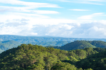 Mountain landscapes covered with forests up to the horizon in the city of Dalat in Vietnam.