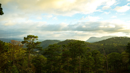 Fototapeta na wymiar Mountain landscapes covered with forests up to the horizon in the city of Dalat in Vietnam.