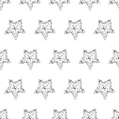 Seamless starfish pattern on white background in vector. Black and white art line. Sea background. Hand drawn vintage style. Black and white sketch.