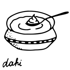 Hand drawn isolated indian food icon. Black outline illustration of indian dish. Indian yogurt dahi.