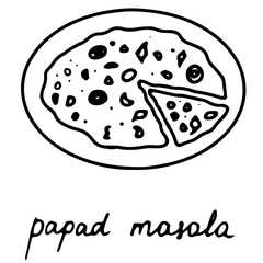 Hand drawn isolated indian food icon. Black outline illustration of indian dish. Papad masala icon. 