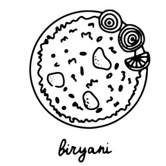 Hand drawn isolated indian food icon. Black outline illustration of indian dish. Indian biryani rice plate. Mixed rice dish.