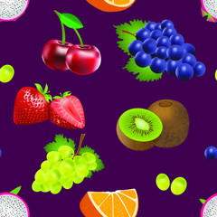 Seamless pattern of fruits and berries, cherry, strawberries, grapes, orange, kiwi