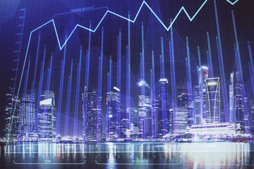 Financial chart on city scape with tall buildings background multi exposure. Analysis concept.