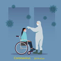 Coronavirus quarantine concept Coronavirus in China. Remote temperature measurement of girls with disabilities. New coronavirus 2019-nKoV, concept of quarantine coronavirus.