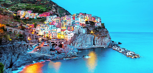 Beautiful magic colorful summer landscape on the coast of Manarola in Cinque Terre, Liguria, Italy...
