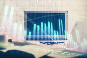 Forex Chart hologram on table with computer background. Double exposure. Concept of financial markets.