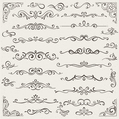 Vector set of calligraphic design elements and page decorations. Elegant collection of hand drawn swirls and curls for your design. Isolated on beige background - obrazy, fototapety, plakaty
