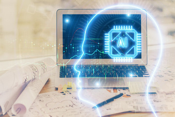 Multi exposure of work space with computer and human brain hologram. Brainstorm concept.