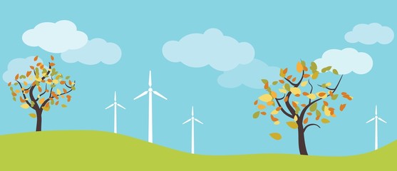 Wind farm in green fields among trees. Ecological or environmental background for presentations, websites and infographics.