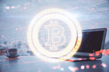 Double exposure of blockchain theme hologram and table with computer background. Concept of bitcoin...