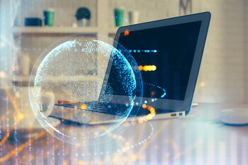 Multi exposure of table with computer and world map hologram. International data network concept.