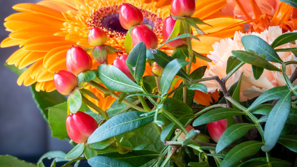 Orange Gerbera mit Hagebutten und Bl&auml;ttern