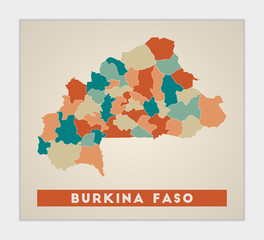 Burkina Faso poster. Map of the country with colorful regions. Shape of Burkina Faso with country name. Trendy vector illustration.