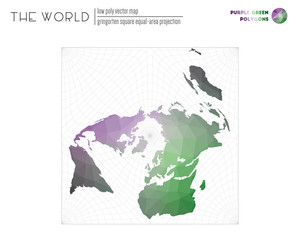 Polygonal map of the world. Gringorten square equal-area projection of the world. Purple Green colored polygons. Creative vector illustration.