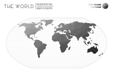 Low poly design of the world. Wagner VI projection of the world. Grey Shades colored polygons. Beautiful vector illustration.