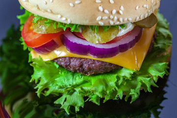 Meal, food. hamburger with cutlet grilled, lettuce, tomato, cheese, cucumber on a black plate. Macro