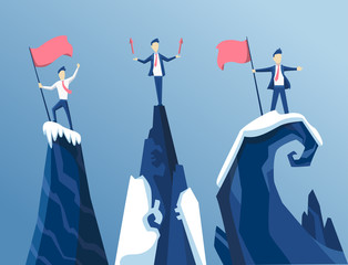 Three Businessman first reached the summit of the mountain with a flag. Business people reached his goal. Business concept win and competition. Leads to success