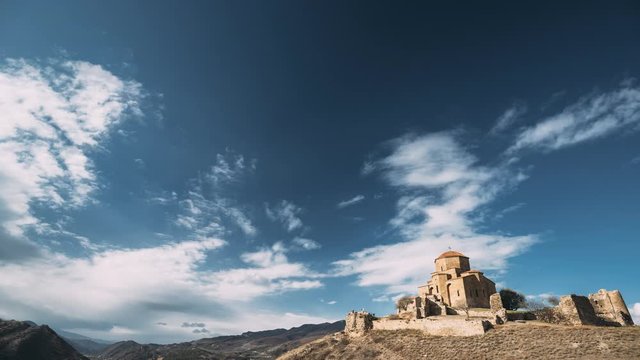 Mtskheta, Georgia. Jvari, Georgian Orthodox Monastery, World Heritage By UNESCO. Beautiful Autumn Mountain Landscape And Ancient Temple