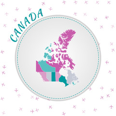 Canada map design. Map of the country with regions in emerald-amethyst color palette. Rounded travel to Canada poster with country name and airplanes background. Cool vector illustration.