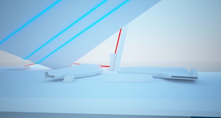 Abstract architectural white interior of a modern villa on the sea with colored neon lighting. 3D illustration and rendering.