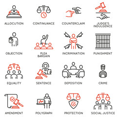 Vector set of linear icons related to law, justice and litigation. Mono line pictograms and infographics design elements - part 4 - obrazy, fototapety, plakaty