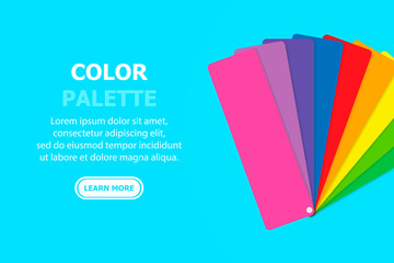 The color palette is on the right and the text and the button to the left. On a blue background.