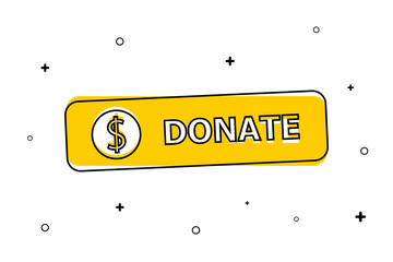 Yellow button "donate" in black circle. White background with black small elements.