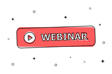 Red button "webinar" in black circle. White background with black small elements.