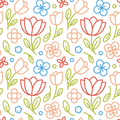Seamless floral beautiful vector pattern with flowers, leaves, tulips, plants for 8 march and women day