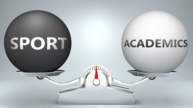 Sport and academics in balance - pictured as a scale and words Sport, academics - to symbolize desired harmony between Sport and academics in life, 3d illustration