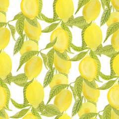 Lemon watercolor ripe fruit seamless pattern. Yellow juicy fruits for printing on fabric, wallpaper, packaging.