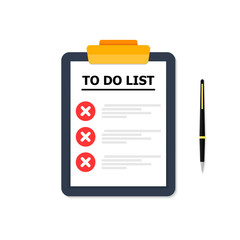 A blue tablet with a list of cases on a white background. The handle is on the right. Business icons are red.