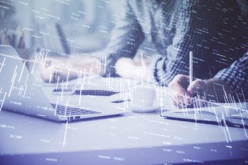 Multi exposure of forex chart with man working on computer on background. Concept of market analysis.