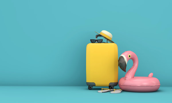 Summer Holiday Background With Suitcase And Pink Flamingo. 3D Rendering