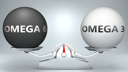 Omega 6 and omega 3 in balance - pictured as a scale and words Omega 6, omega 3 - to symbolize desired harmony between Omega 6 and omega 3 in life, 3d illustration - obrazy, fototapety, plakaty