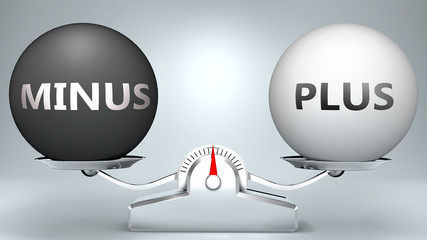 Minus and plus in balance - pictured as a scale and words Minus, plus - to symbolize desired harmony between Minus and plus in life, 3d illustration