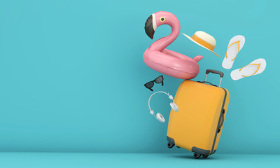 Summer holiday background with suitcase and pink flamingo. 3D Rendering - obrazy, fototapety, plakaty