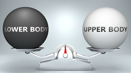 Lower body and upper body in balance - pictured as a scale and words Lower body, upper body - to symbolize desired harmony between Lower body and upper body in life, 3d illustration