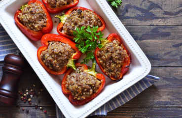Bell pepper stuffed with meat and couscous. Tasty meal for lunch.